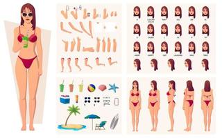 mujer de verano con constructor de personajes de bikini con ropa de playa y sincronización de labios lateral, ilustración de vista frontal y posterior vector