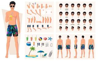 constructor de personajes con hombre vestido con bañador y gafas de sol en la playa. archivo vectorial de sincronización de labios, gestos con las manos, emociones y elementos de picnic vector