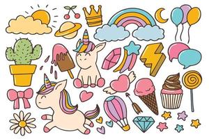 Set of cute unicorn doodles vector