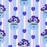 Blue and violet pansies in pots, seamless pattern vector