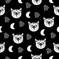 Cute owls, monochrome seamless pattern vector