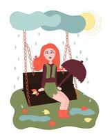 Autumn girl on a swing, illustration vector