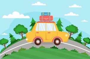 coche amarillo con maletas está conduciendo por la carretera. fondo de verano con auto, carretera, árboles. vacaciones, turismo, viaje de verano, vacaciones. ilustración vectorial en estilo plano. vector