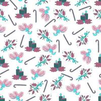Christmas and New Year vector seamless pattern. Spruce branches decorated with Christmas candy canes lollipops.