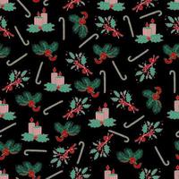 Christmas and New Year vector seamless pattern. Spruce branches decorated with Christmas candy canes lollipops.