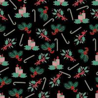 Christmas and New Year vector seamless pattern. Spruce branches decorated with Christmas candy canes lollipops.