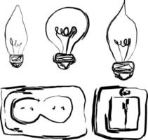 electric euro socket, switch and light bulbs isolated vector sketches