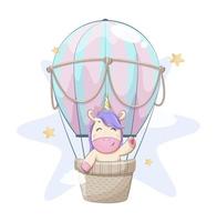 Cute unicorn flying in hot air balloon vector