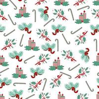 Christmas and New Year vector seamless pattern. Spruce branches decorated with Christmas candy canes lollipops.