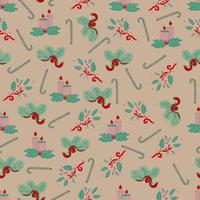 Christmas and New Year vector seamless pattern. Spruce branches decorated with Christmas candy canes lollipops.