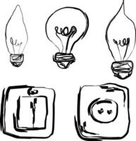 electric euro socket, switch and light bulbs isolated vector sketches