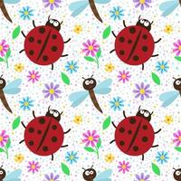Seamless pattern with ladybugs and flowers. Repeating vector pattern with insects. An idea for holiday invitations, children's creativity, for paper, fabric, textiles, gift wrapping, advertising.