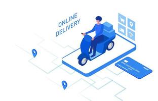 Delivery service concept, delivery man riding motorbike to delivery stuffs for customer with gps navigation on mobile location  vector illustration