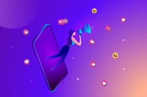 Beautiful woman shouting in loud speaker with social media icons. Influencer social media marketing, blogger, vlogging, social influencer and influencer marketing concept vector illustration