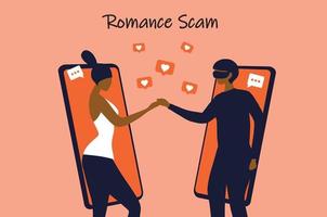 Romance scam, online dating scam, cyber crime concept, woman in love with scammer, hacker chatting online vector illustration