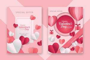 Valentine's day concept posters set with red 3d and pink paper hearts and frame on geometric background. Cute love sale banners or greeting cards vector
