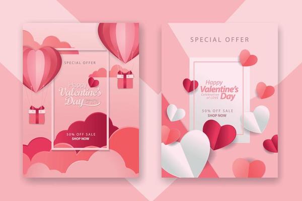 Valentine's day concept posters set with red 3d and pink paper hearts and frame on geometric background. Cute love sale banners or greeting cards