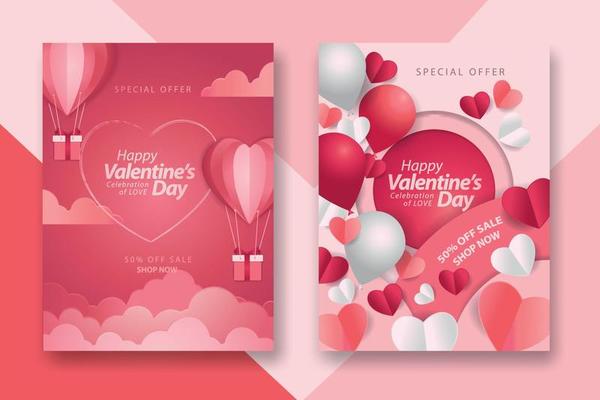 Valentine's day concept posters set with red 3d and pink paper hearts and frame on geometric background. Cute love sale banners or greeting cards