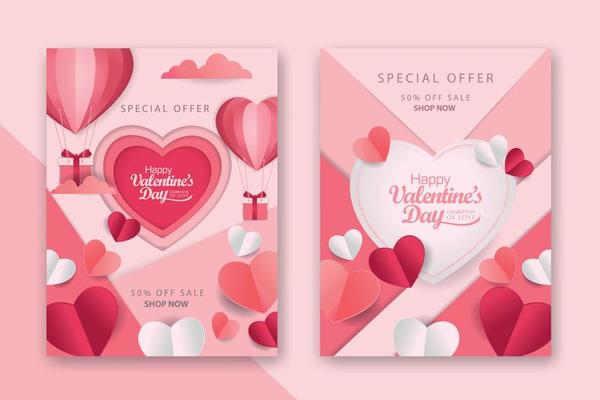 Valentine's day concept posters set with red 3d and pink paper hearts and frame on geometric background. Cute love sale banners or greeting cards