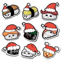 Vector illustration of cute cartoon Christmas sushi with red hat on white silhouette and gray shadow.