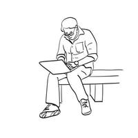 line art full length of businessman with glasses working on laptop computer illustration vector hand drawn isolated on white background