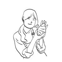 chef mujer sonriente sosteniendo croissant ilustración vector dibujado a mano aislado en el arte de línea de fondo blanco.