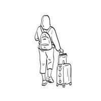 vista trasera de la mujer con su equipaje para la ilustración de viaje vector dibujado a mano aislado en el arte de línea de fondo blanco.