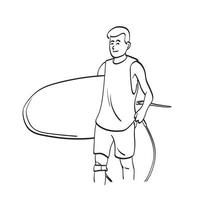 arte de línea de media longitud de hombre sonriente sosteniendo tabla de surf ilustración vector dibujado a mano aislado sobre fondo blanco