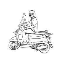 hombre de longitud completa con casco montando motocicleta retro ilustración vector dibujado a mano aislado en el arte de línea de fondo blanco.