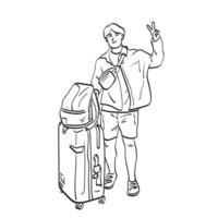 viajero masculino sonriente de longitud completa con signo de mano de victoria sosteniendo equipaje de viaje ilustración vector dibujado a mano aislado en el arte de línea de fondo blanco.