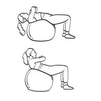 mujer sonriente flexionando los músculos abdominales con la ilustración vectorial de la pelota de ejercicio dibujada a mano aislada en el arte de línea de fondo blanco. vector