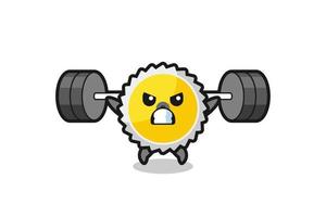 saw blade mascot cartoon with a barbell vector