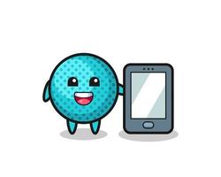 spiky ball illustration cartoon holding a smartphone vector