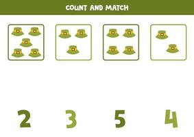 Counting game for kids. Count all camping hats and match with numbers. Worksheet for children. vector