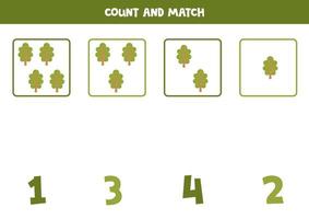 Counting game for kids. Count all trees and match with numbers. Worksheet for children. vector