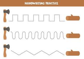 Tracing lines for kids. Cartoon axe and log. Writing practice. vector