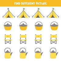 Find camping object which is different from others. Worksheet for kids. vector