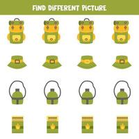 Find camping object which is different from others. Worksheet for kids. vector