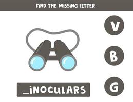 Find missing letter with cartoon binoculars. Spelling worksheet. vector