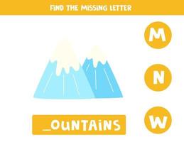 Find missing letter with cartoon mountains. Spelling worksheet. vector