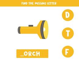 Find missing letter with cartoon torch. Spelling worksheet. vector