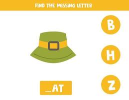 Find missing letter with camping hat. Spelling worksheet. vector