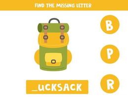 Find missing letter with camping backpack. Spelling worksheet. vector