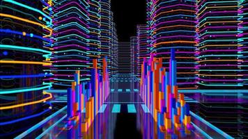 loop door de straat van een futuristische stad met hoge glazen gebouwen verlicht met bewegende blauwe, roze en groene neonlichten en ritmebalken die uit de grond komen. 3D animatie video