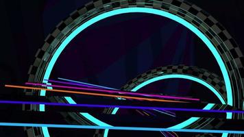 Camera travels at high speed along a futuristic roller coaster made up of luminous rings and colored rails on a dark background. Loop sequence. 3D Animation video