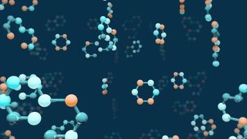 Gruppe von Molekülen mit einer Sechseckstruktur mit blauen und orangefarbenen Kugeln, die zufällig auf einem dunkelblauen Hintergrund schweben. Loop-Sequenz. 3D-Animation video