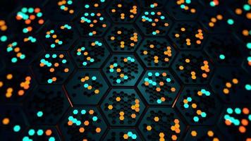 Structure of moving black hexagons cells with orange and blue hexagonal lights that turn on and off randomly.  Loop sequence. 3D Animation video