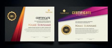 plantilla de certificado con patrón de textura realista de lujo y colores degradados de composición de formas dinámicas, diploma, ilustración vectorial vector