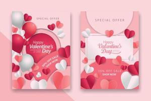 afiches conceptuales del día de san valentín con corazones de papel rojo 3d y rosa y marco sobre fondo geométrico. lindas pancartas de venta de amor o tarjetas de felicitación vector