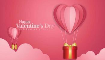 Diseño de vector de tipografía de feliz día de San Valentín con globos de aire caliente en forma de corazón rojo cortados en papel volando en fondo blanco. ilustración vectorial.